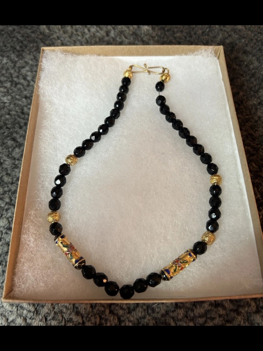 Elegant Black Bead Necklace with Gold Accent Beads, gold clasp, Like New